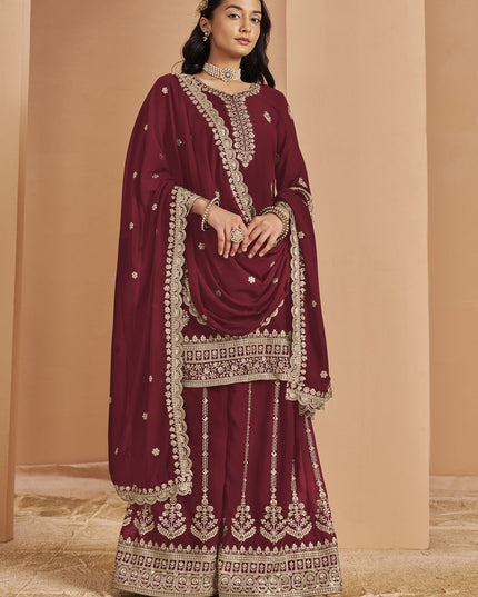 maroon faux georgette embroidered palazzo kameez