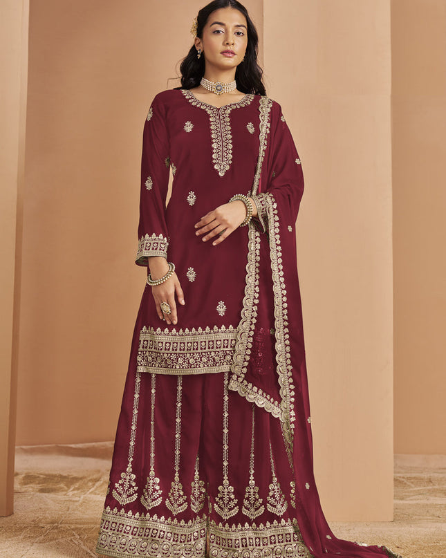 maroon faux georgette embroidered palazzo kameez