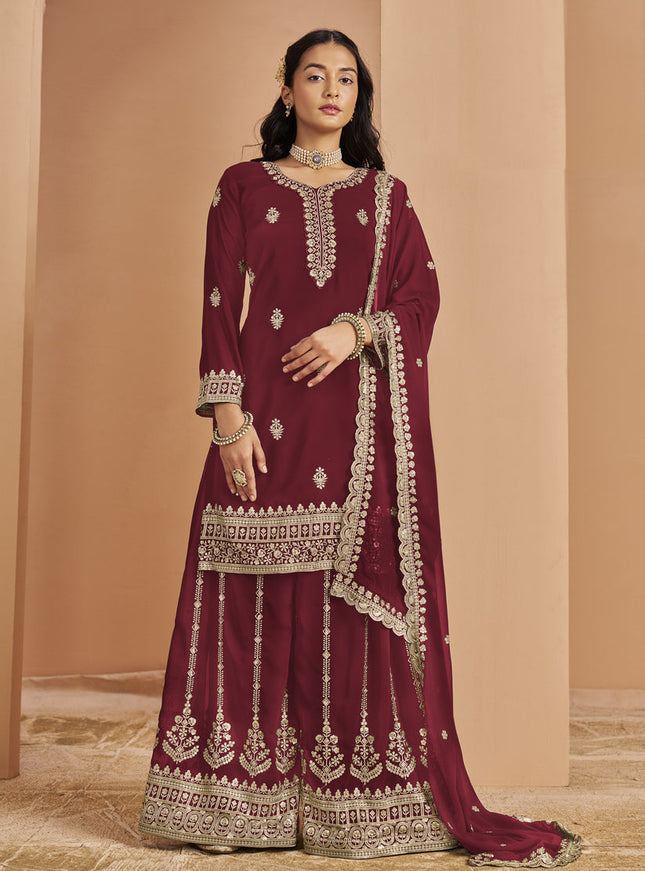 maroon faux georgette embroidered palazzo kameez