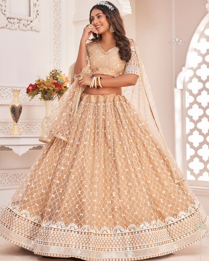 Beige Net Embroidered Lehenga Choli