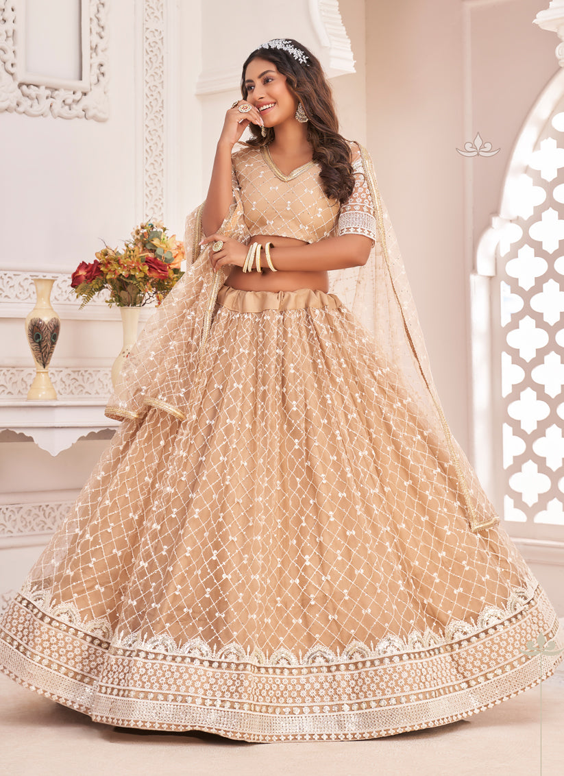Beige Net Embroidered Lehenga Choli