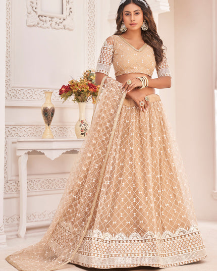 Beige Net Embroidered Lehenga Choli