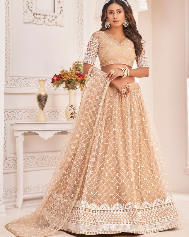 Beige Net Embroidered Lehenga Choli