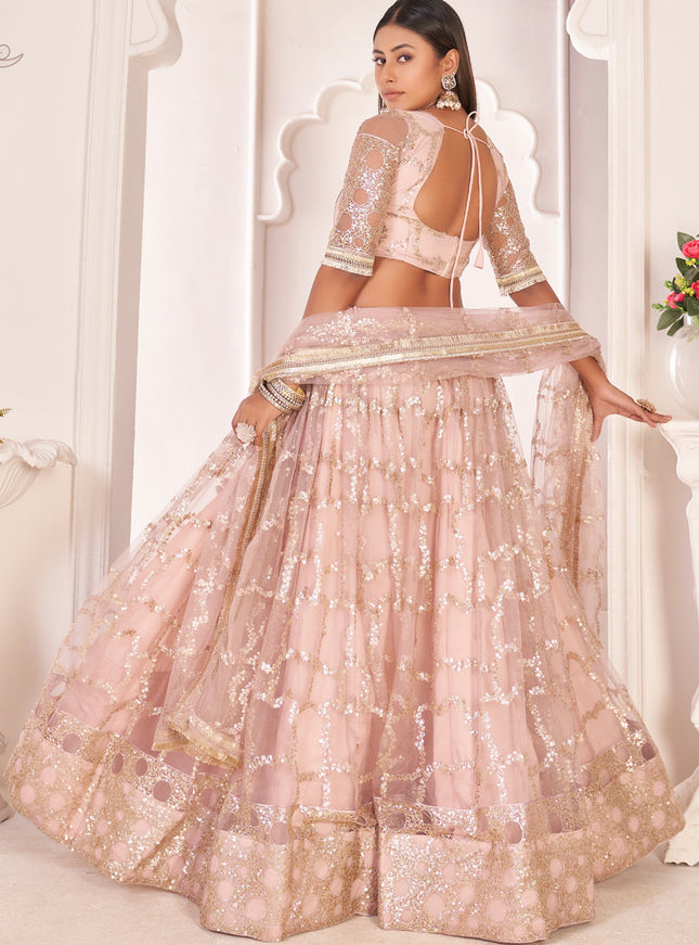 Blush Pink Net Embroidered Lehenga Choli