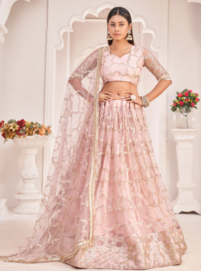 Blush Pink Net Embroidered Lehenga Choli
