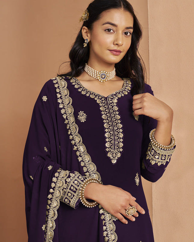 dark purple faux georgette embroidered palazzo kameez