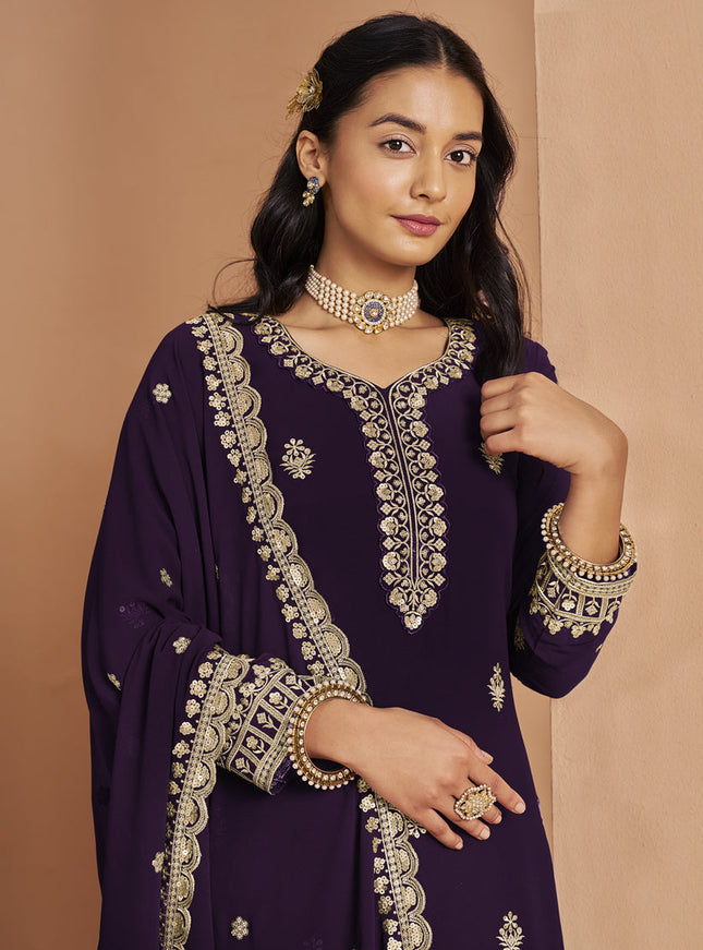 dark purple faux georgette embroidered palazzo kameez