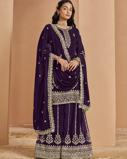 dark purple faux georgette embroidered palazzo kameez