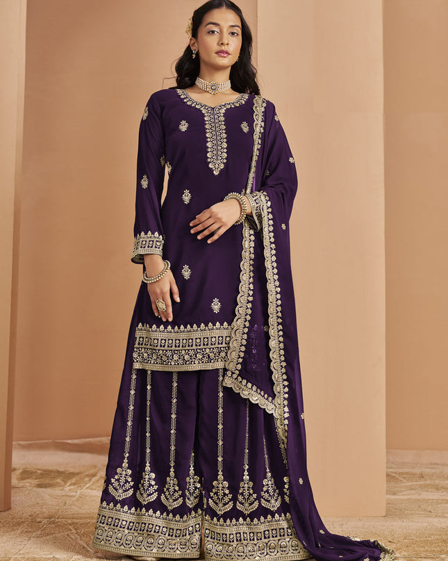 dark purple faux georgette embroidered palazzo kameez
