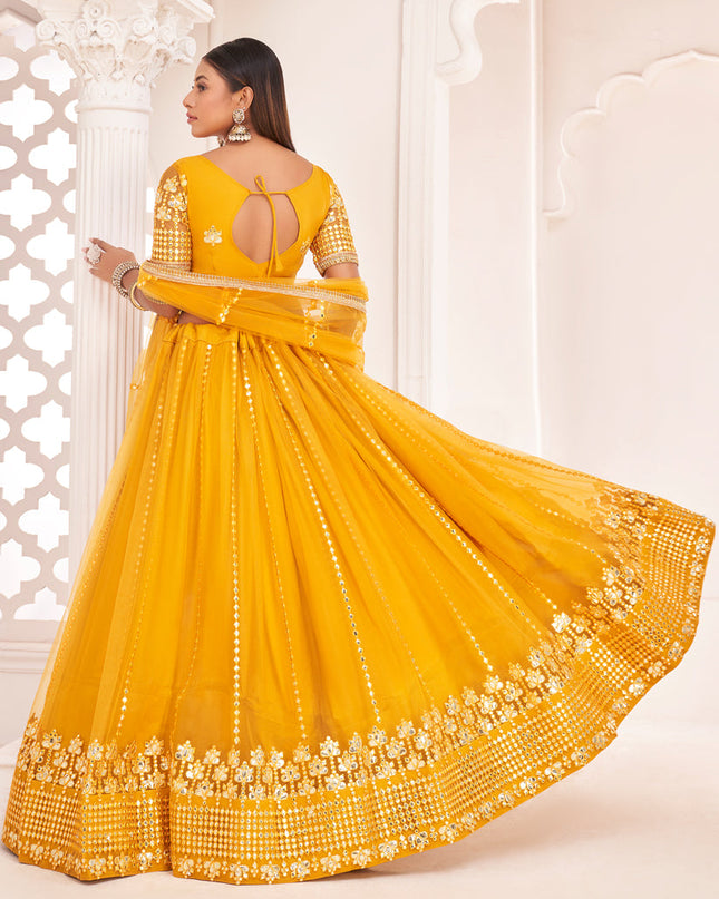 Golden Yellow Net Embroidered Lehenga Choli