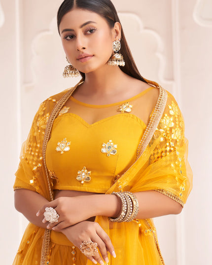 Golden Yellow Net Embroidered Lehenga Choli