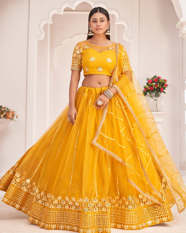 Golden Yellow Net Embroidered Lehenga Choli