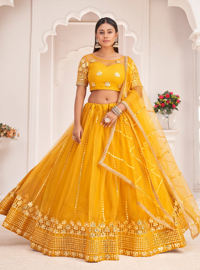 Golden Yellow Net Embroidered Lehenga Choli