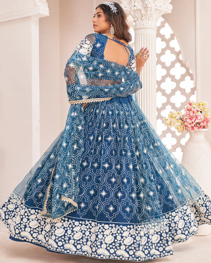 Cobalt Blue Net Embroidered Lehenga Choli