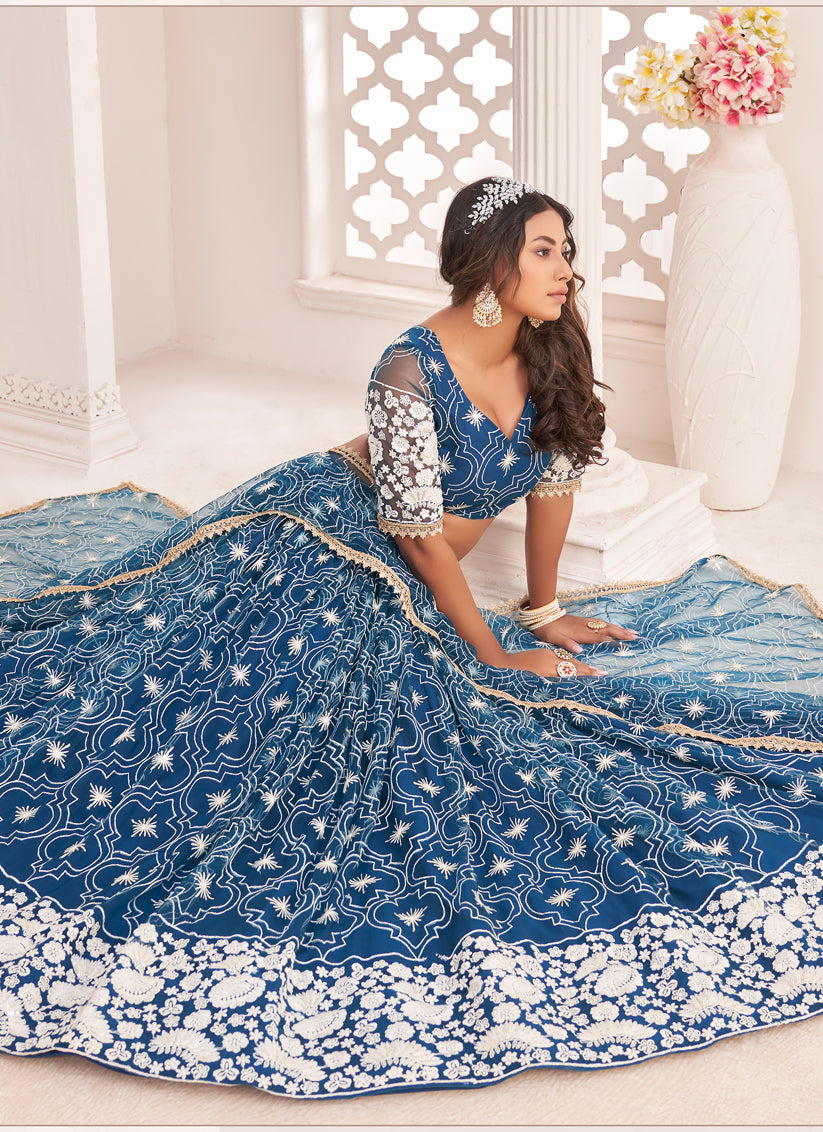 Cobalt Blue Net Embroidered Lehenga Choli