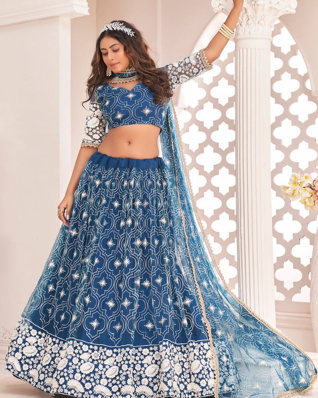Cobalt Blue Net Embroidered Lehenga Choli
