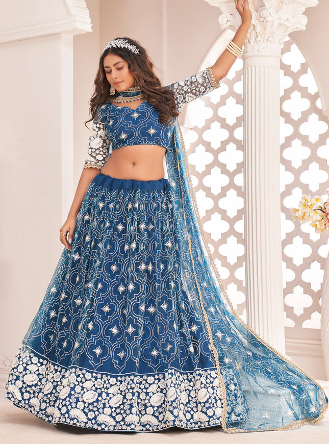 Cobalt Blue Net Embroidered Lehenga Choli