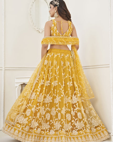 Mustard Yellow Net Embroidered Lehenga Choli