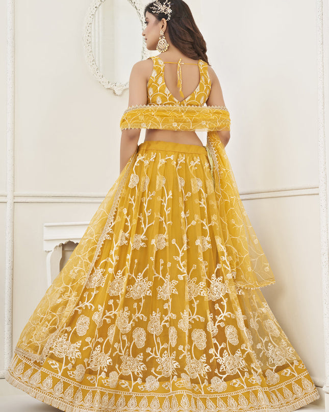 Mustard Yellow Net Embroidered Lehenga Choli
