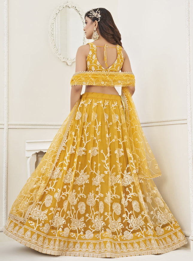Mustard Yellow Net Embroidered Lehenga Choli
