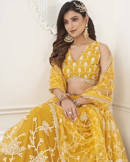 Mustard Yellow Net Embroidered Lehenga Choli