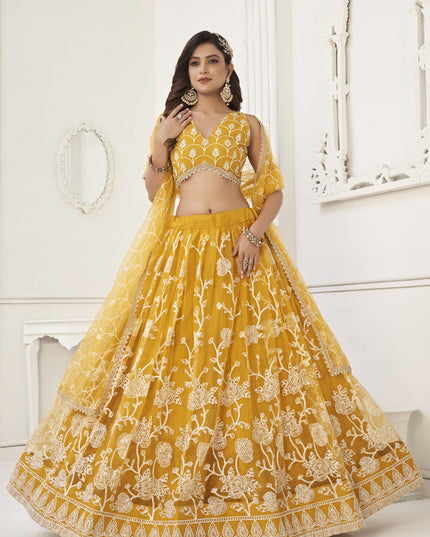 Mustard Yellow Net Embroidered Lehenga Choli