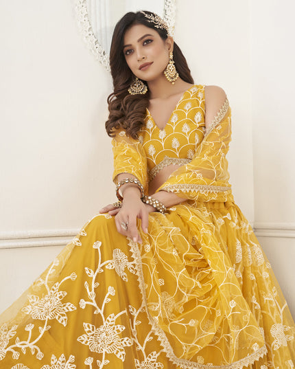 Mustard Yellow Net Embroidered Lehenga Choli