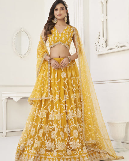 Mustard Yellow Net Embroidered Lehenga Choli