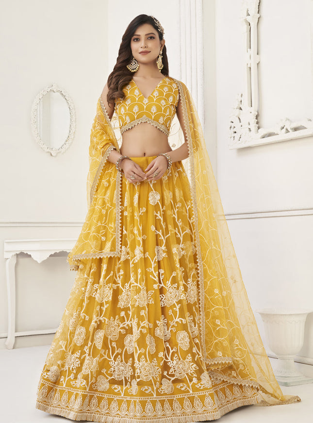 Mustard Yellow Net Embroidered Lehenga Choli