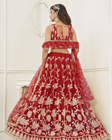Red Net Embroidered Lehenga Choli
