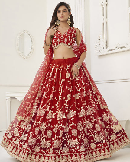 Red Net Embroidered Lehenga Choli