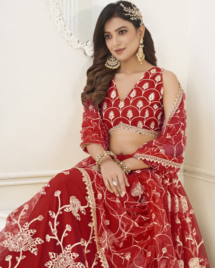 Red Net Embroidered Lehenga Choli
