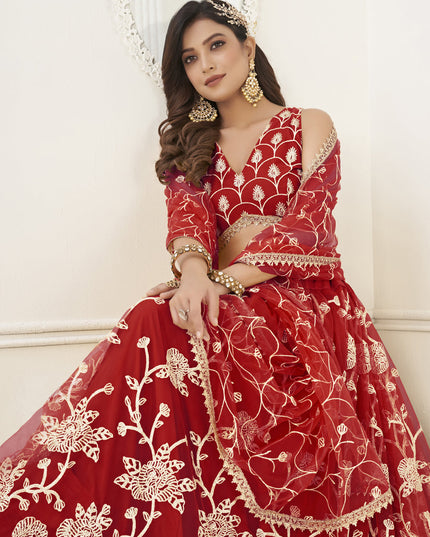 Red Net Embroidered Lehenga Choli