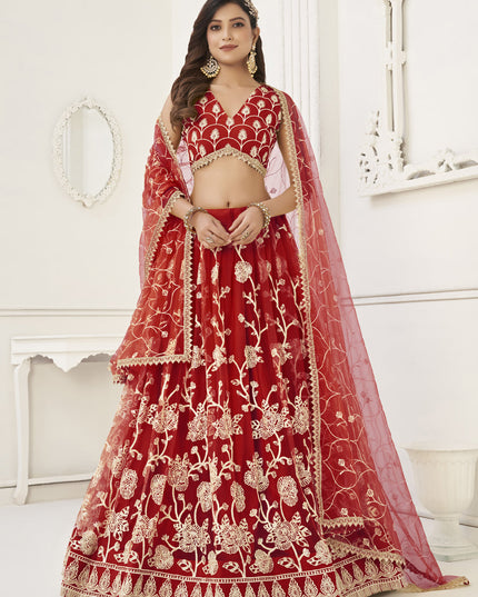 Red Net Embroidered Lehenga Choli