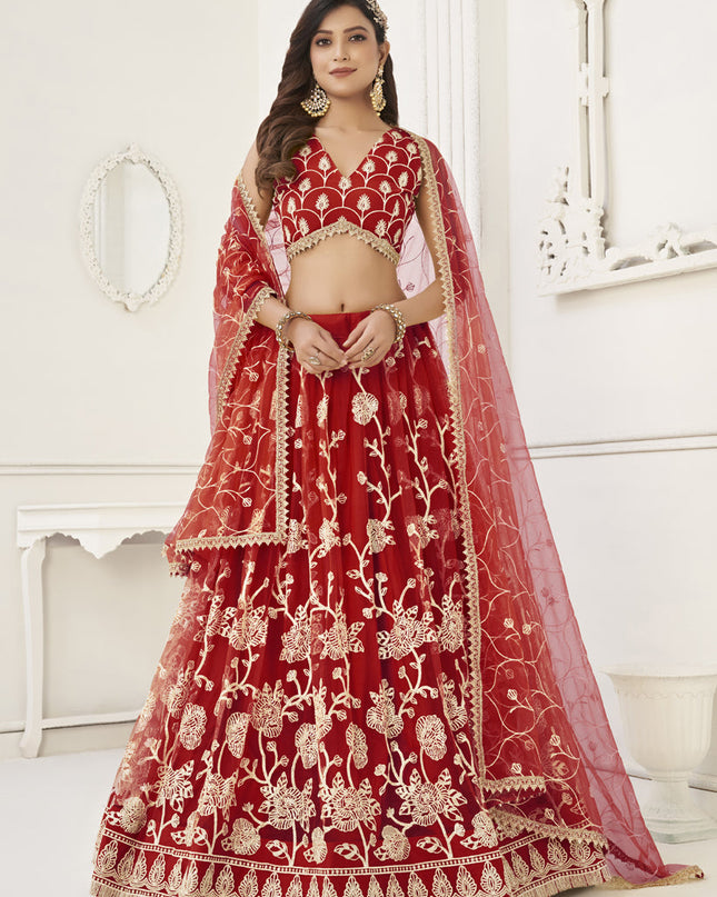Red Net Embroidered Lehenga Choli