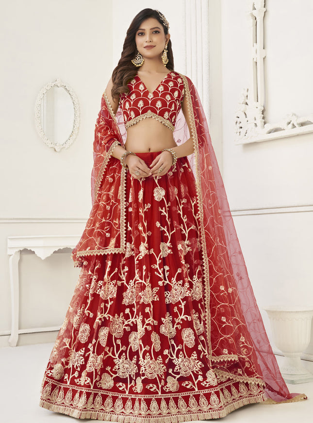 Red Net Embroidered Lehenga Choli