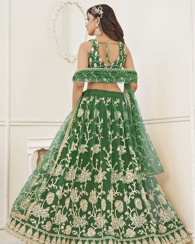 Green Net Embroidered Lehenga Choli