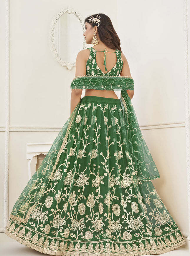 Green Net Embroidered Lehenga Choli