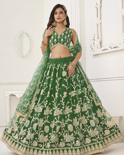 Green Net Embroidered Lehenga Choli