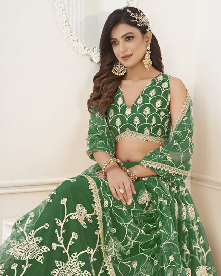 Green Net Embroidered Lehenga Choli