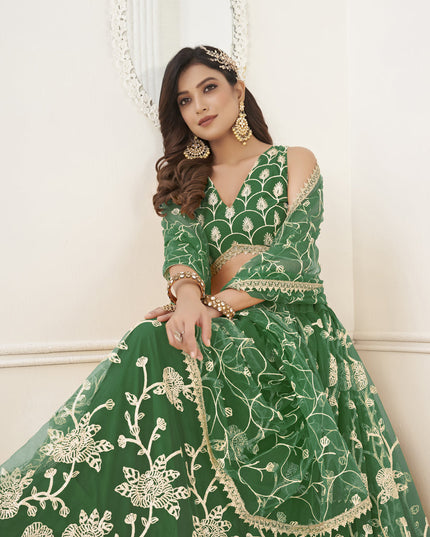Green Net Embroidered Lehenga Choli