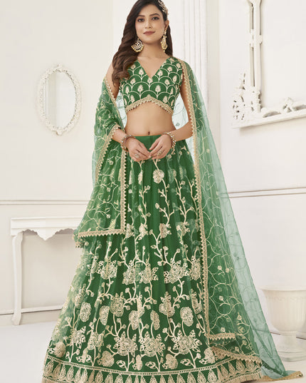 Green Net Embroidered Lehenga Choli