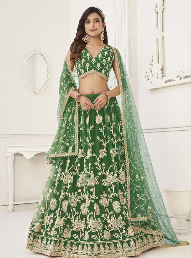 Green Net Embroidered Lehenga Choli