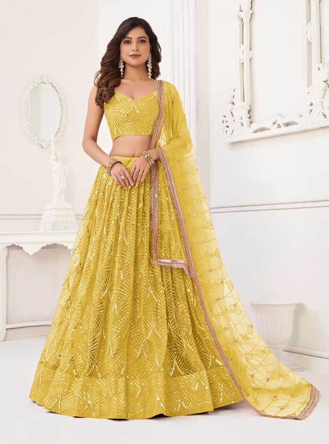 Maize Yellow Net Embroidered Lehenga Choli