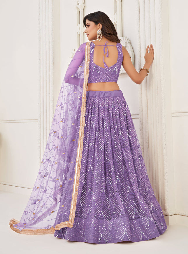 Lilac Purple Net Embroidered Lehenga Choli