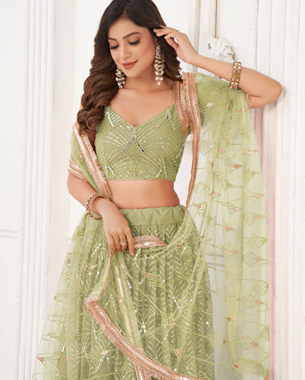 Sage Green Net Embroidered Lehenga Choli