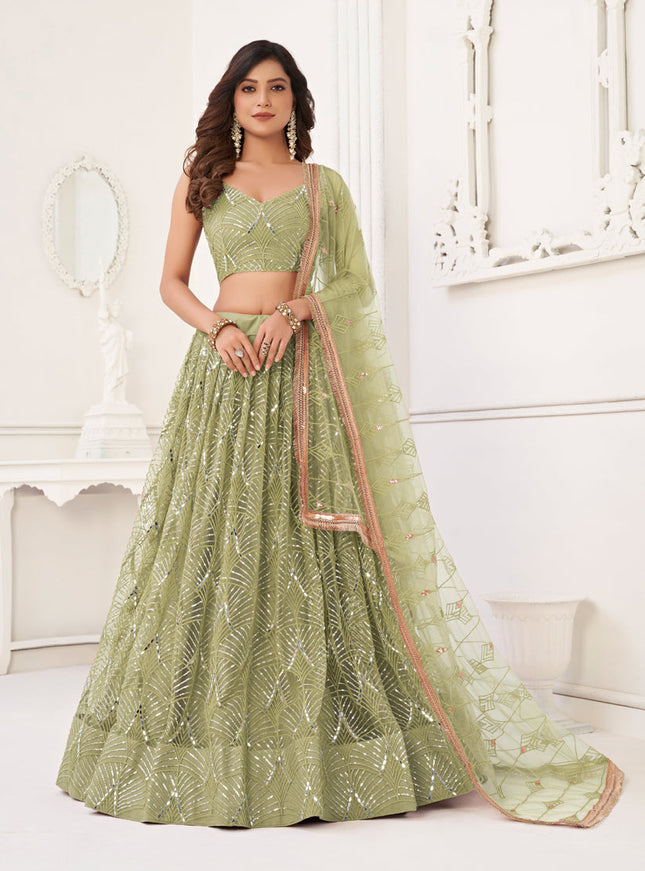 Sage Green Net Embroidered Lehenga Choli