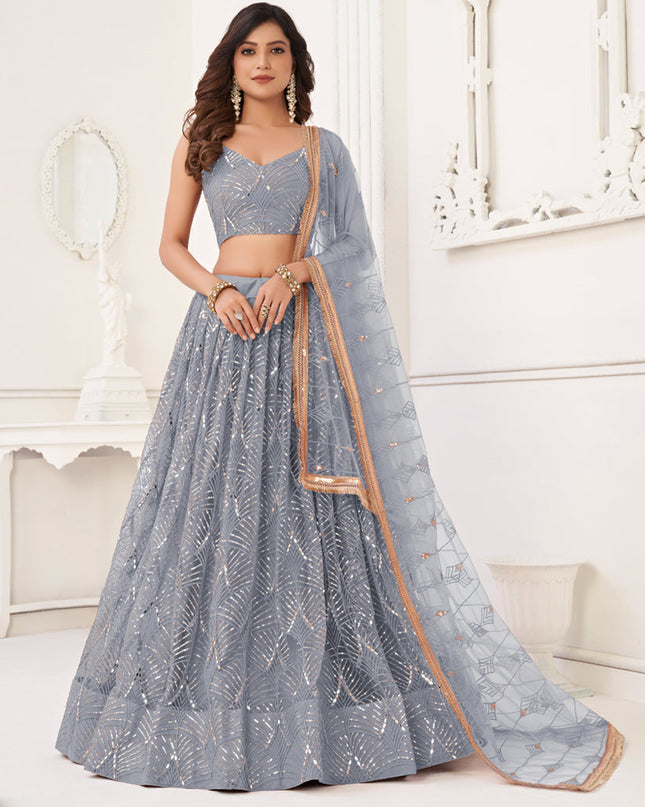 Smoke Grey Net Embroidered Lehenga Choli