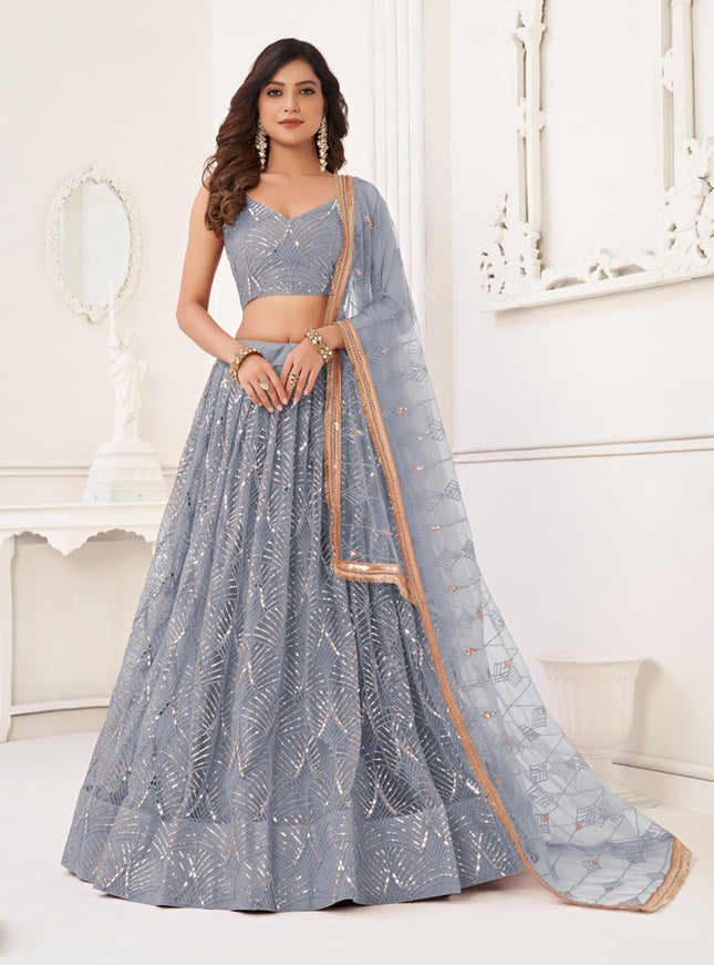 Smoke Grey Net Embroidered Lehenga Choli