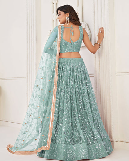 Mint Blue Net Embroidered Lehenga Choli
